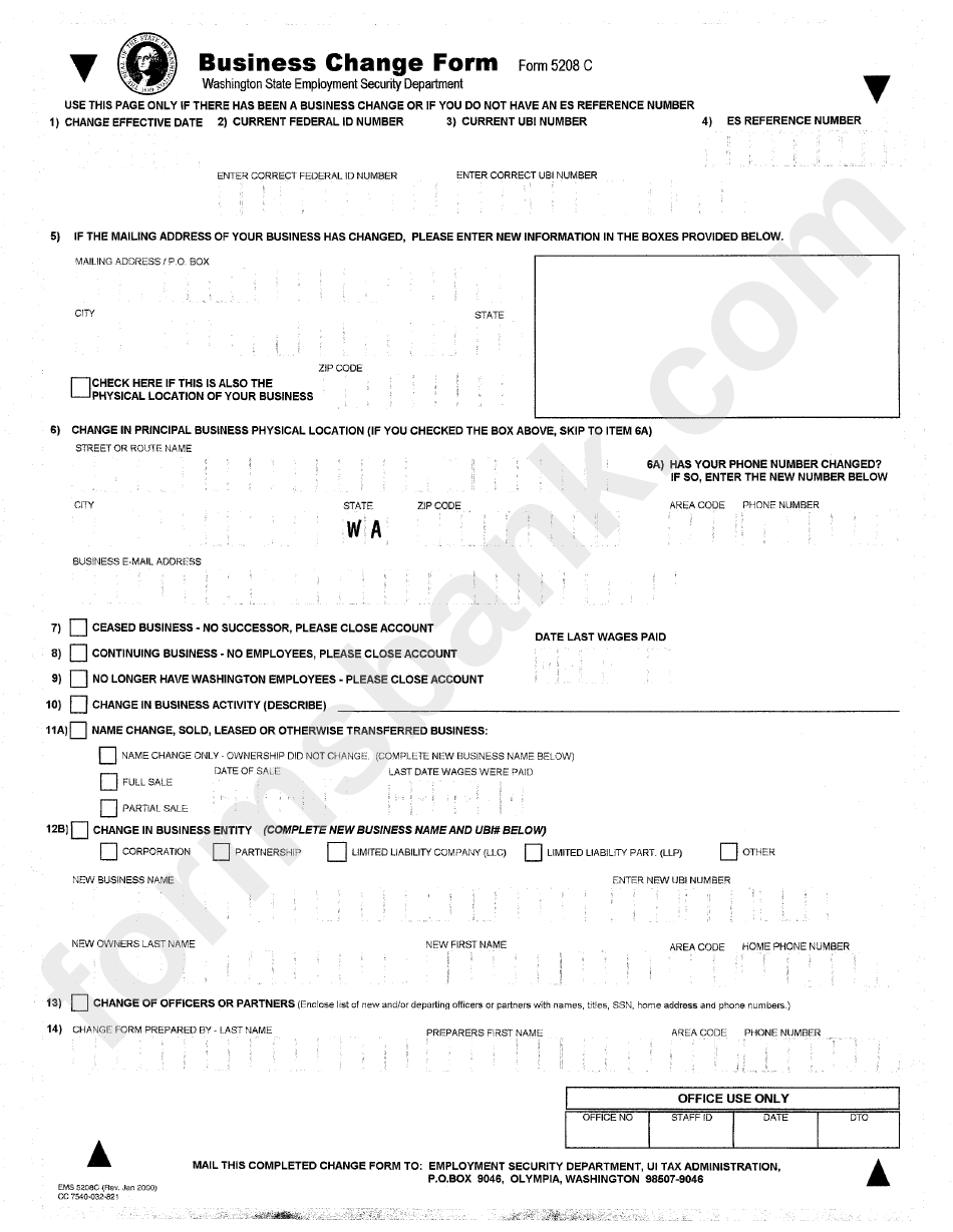 Form 5208c - Business Change, Amended Tax And Wage Report - 2000
