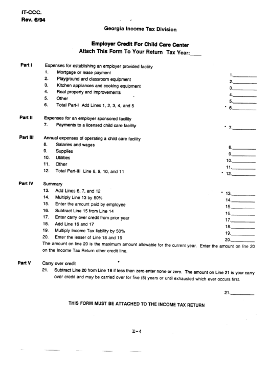 Fillable Form It-Ccc - Employer Credit For Child Care Center Printable pdf
