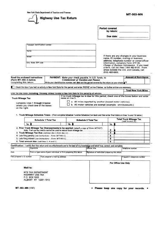 Fillable Form Mt-903-Mn - Highway Use Tax Return printable pdf download