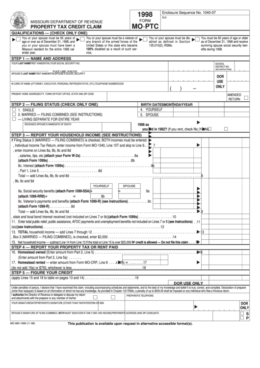 Fillable Form Mo - Ptc-1998 - Property Tax Credit Claim Printable pdf