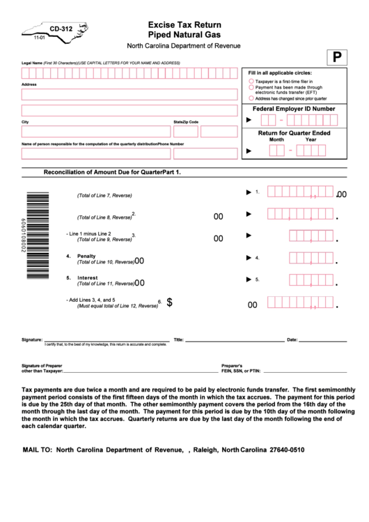 Form Cd-312 - Excise Tax Return Of Piped Natural Gas - North Carolina Department Of Revenue Printable pdf