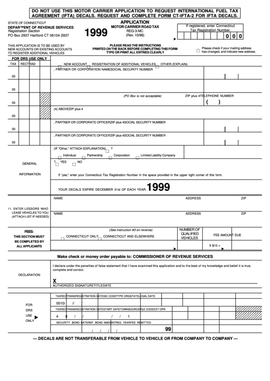Fillable Form Reg-3-Mc-1999 - Motor Carrier Road Tax Application Printable pdf