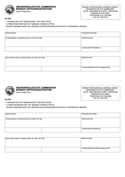Fillable State Form 49384 - Branch Office Registration - Indiana Real Estate Commission Printable pdf