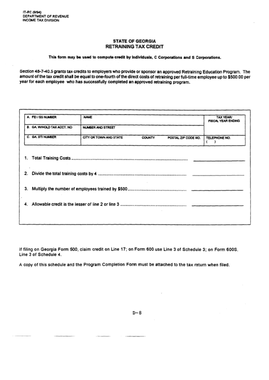 Fillable Form It-Rc - Retraining Tax Credit Printable pdf