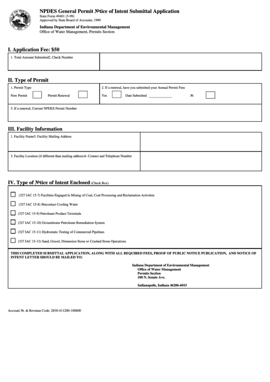 Fillable State Form 49401 - Npdes General Permit Notice Of Intent Submittal Application - Indiana Department Of Environmental Management Printable pdf