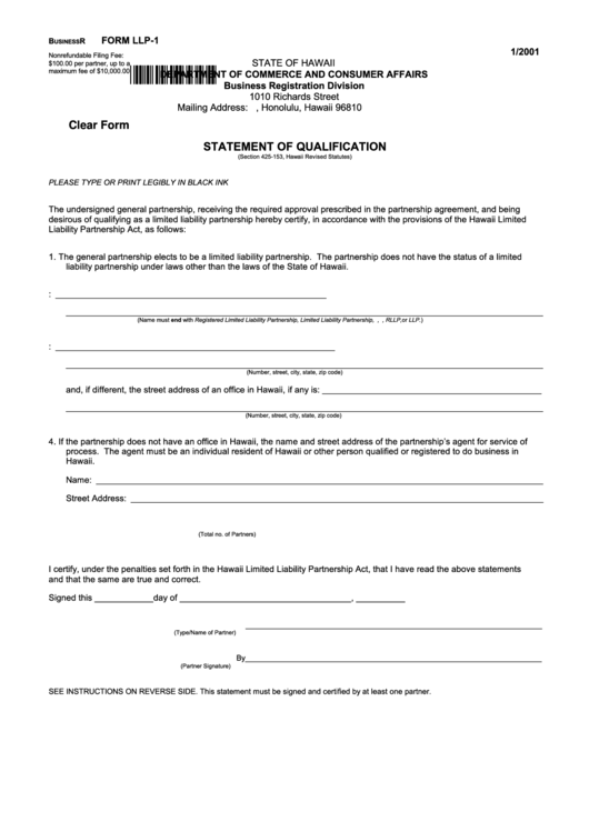 Fillable Form Llp-1 - Statement Of Qualification - 2001 Printable pdf
