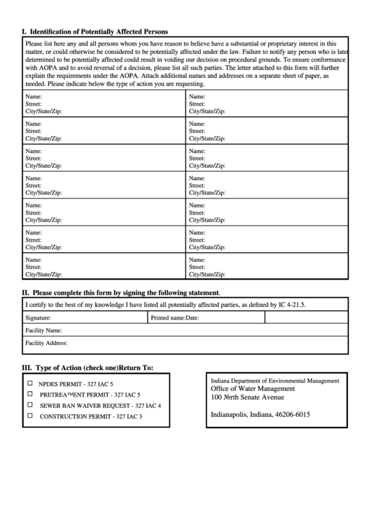 Fillable Identification Form Of Potentially Affected Persons - Indiana Department Of Environmental Management Printable pdf