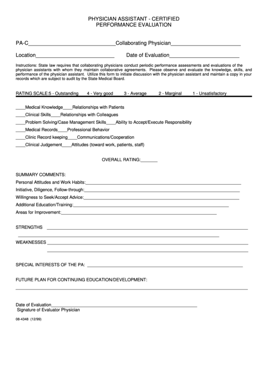 Certified Performance Evaluation For Physician Assistant Form - 1999 Printable pdf