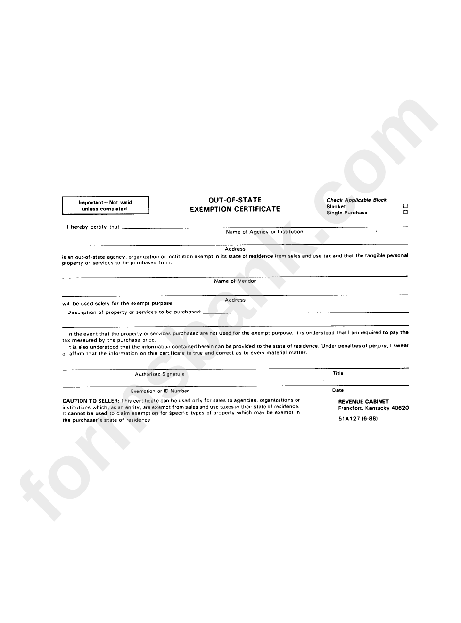 Out-Of-State Exemption Certificate Form - 1988