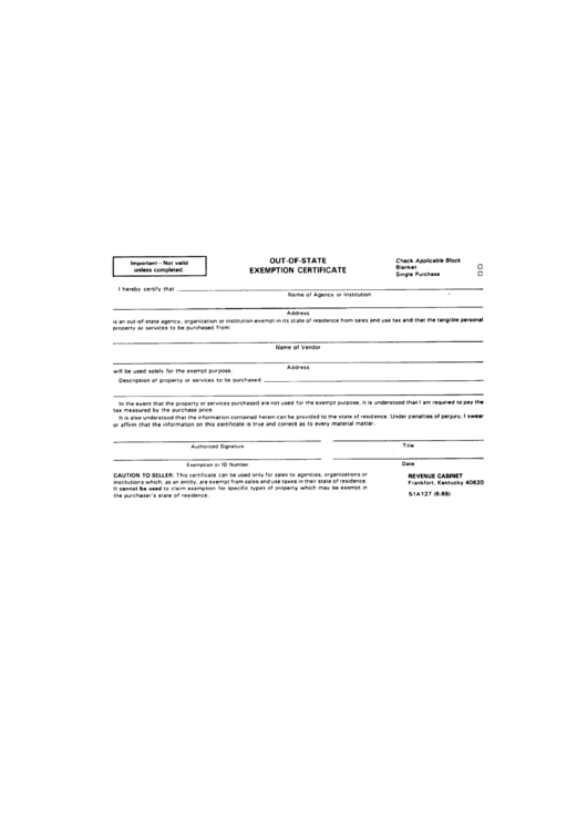 Out-Of-State Exemption Certificate Form - 1988 Printable pdf