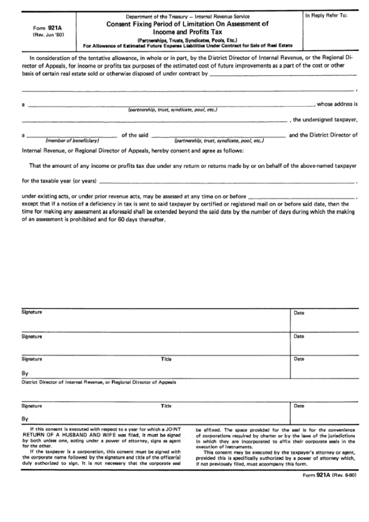 Form 921a - Consent Fixing Period Of Limitation On Assessment Off Income And Profits Tax Form Printable pdf