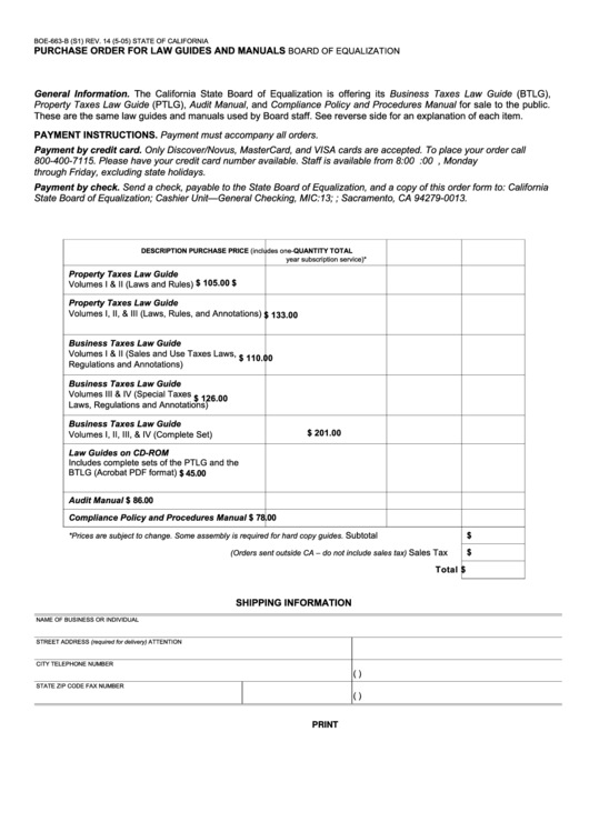 Fillable Form Boe-663-B (S1) - Purchase Order For Law Guides And Manuals - State Of California Printable pdf