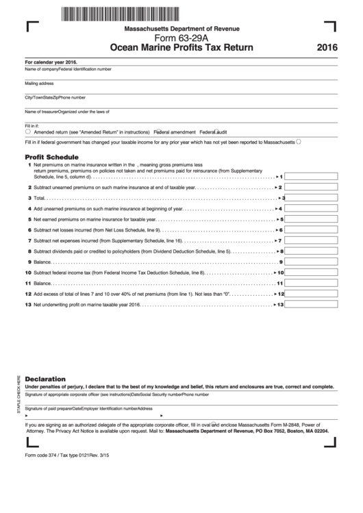 Form 63-29a - Ocean Marine Profits Tax Return Printable pdf
