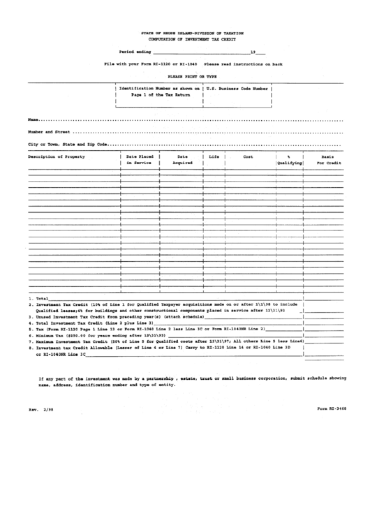 Form Ri-3468 - Computation Of Investment Tax Credit - 1998 Printable pdf