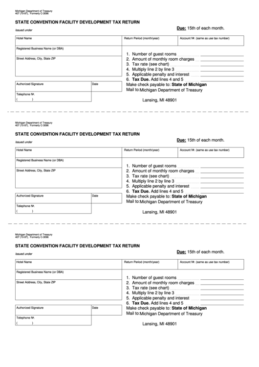 Form 407 - State Convention Facility Development Tax Return - Michigan Department Of Treasury Printable pdf