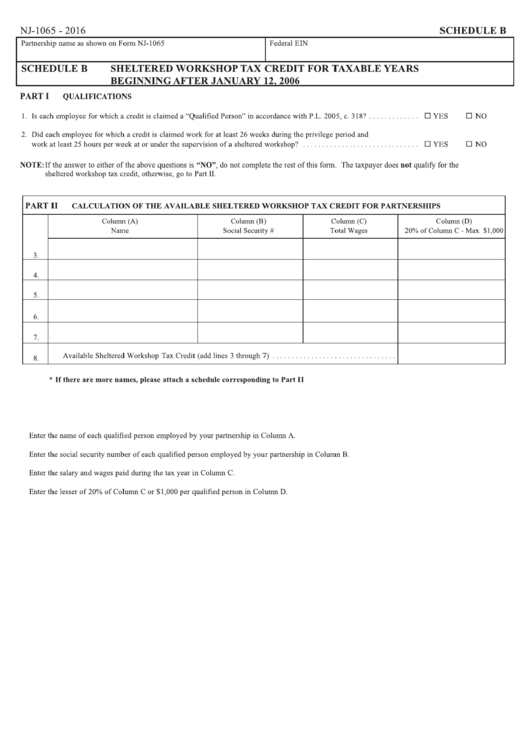 Fillable Form Nj-1065-2016 - Shelted Workshop Tax Credit For Taxable Years Printable pdf