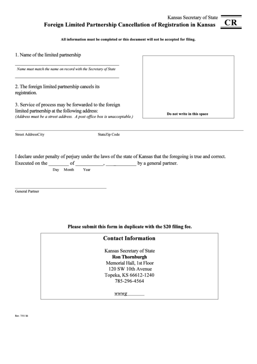 Foreign Limited Partnership Cancellation Of Registration In Kansas Form - 2001 Printable pdf