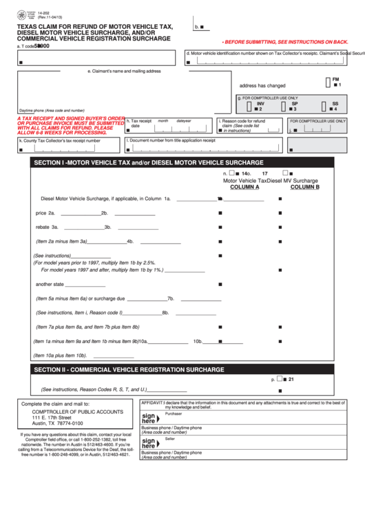 Fillable Form 14-202 - Texas Claim For Refund Of Motor Vehicle Tax, B. Diesel Motor Vehicle Surcharge, And/or Commercial Vehicle Registration Surcharge - Printable pdf