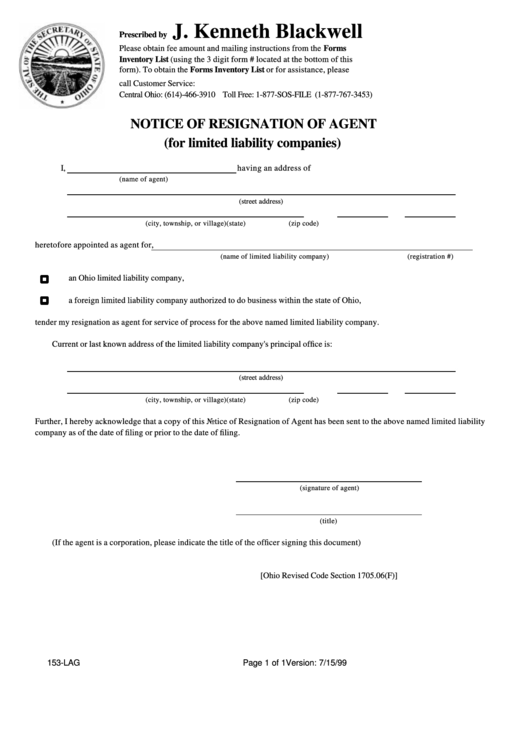Form 153-Lag - Notice Of Resignation Of Agent (For Limited Liability Companies) Form Printable pdf