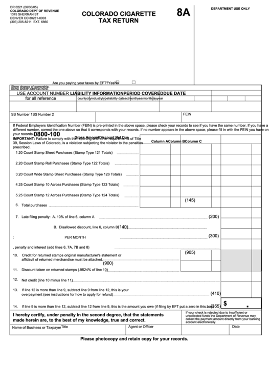 Form 8a - Colorado Cigarette Tax Return - Colorado Department Of Revenue Printable pdf