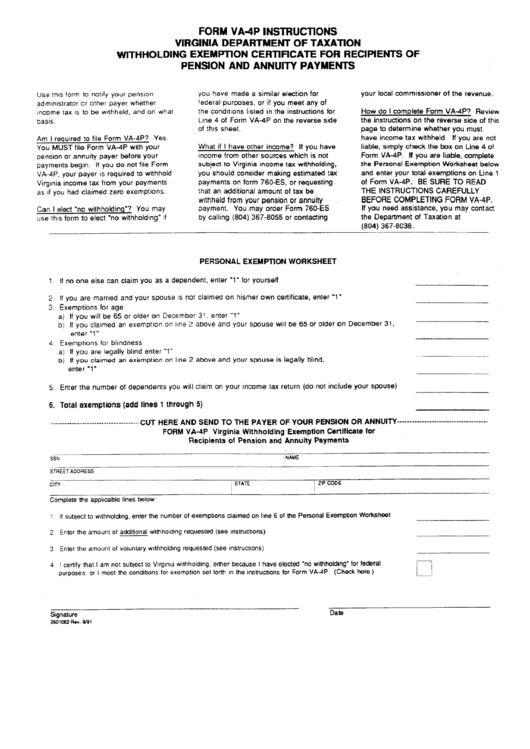 Form Va - 4p - Instructions Virginia Departnebt Of Taxation Withholding Exemption Certificate For Recioients Of Pension And Annuity Payments Printable pdf