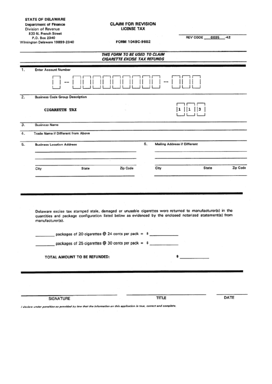 Form 1049c-9602 - Claim For Revision License Tax Form - Department Of Finance - State Of Delaware Printable pdf