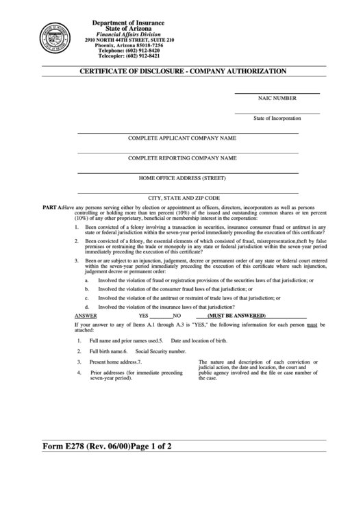 Form E278 - Certificate Of Disclosure - Company Authorization - Department Of Insurance Of State Of Arizona Printable pdf