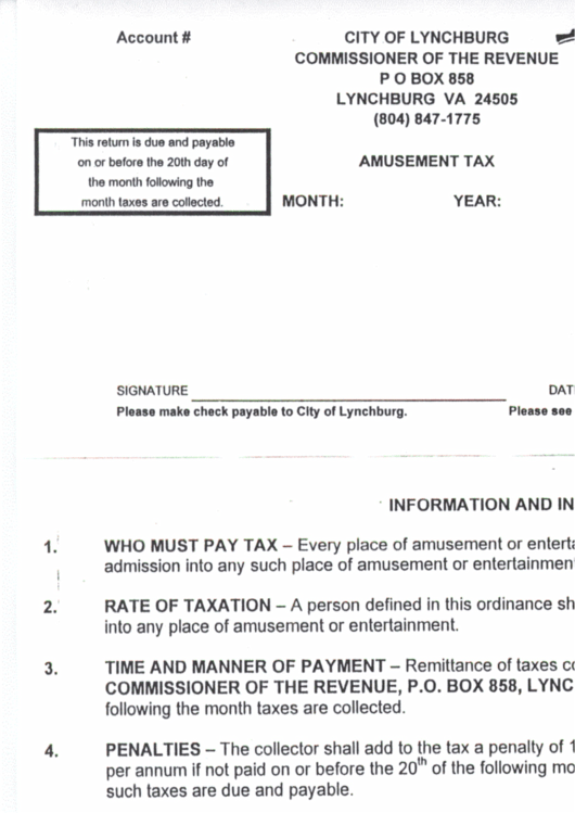 Amusement Tax Form Printable pdf