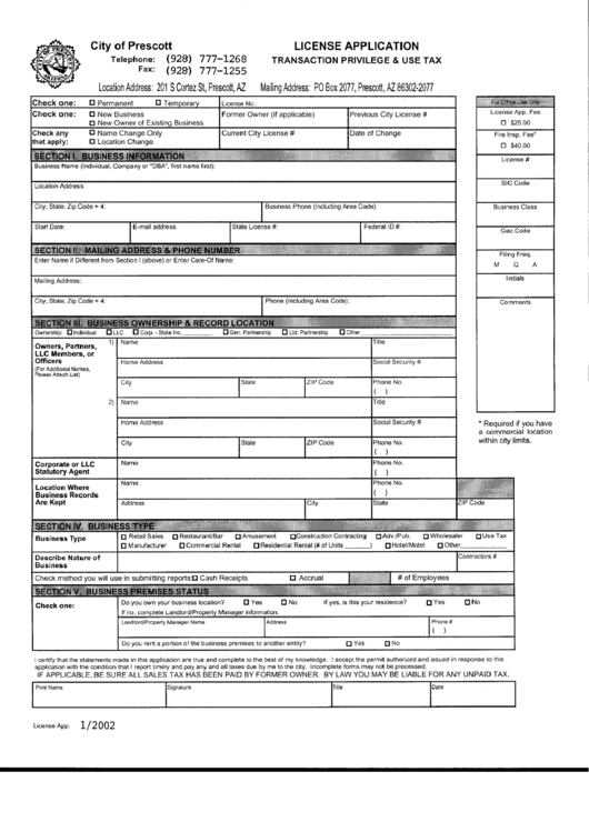 License Application Form Of Transaction Privilege And Use Tax - City Of Prescott, Arizona Printable pdf