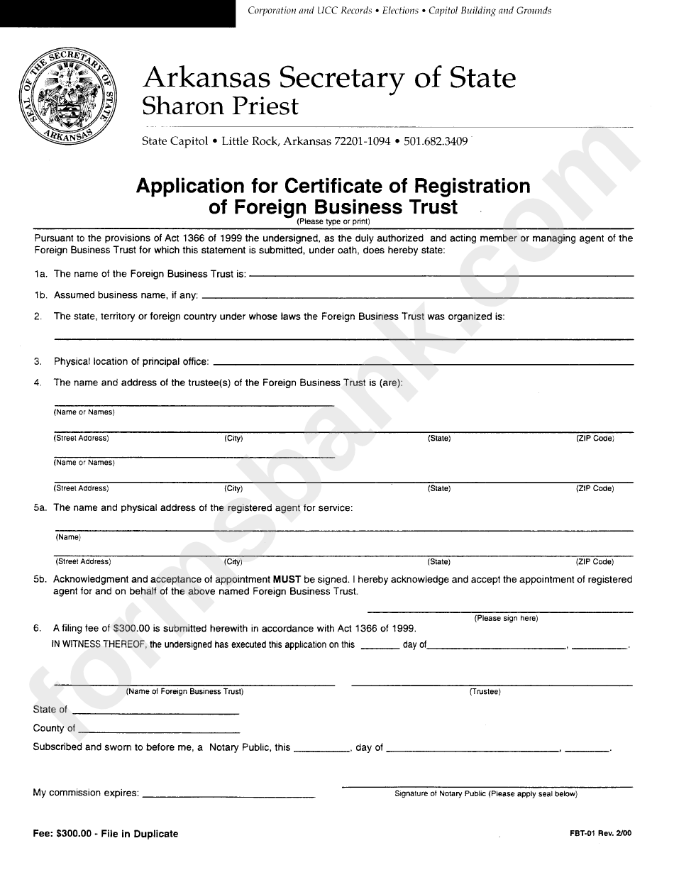 Form Fbt - 01 - Application For Certificate Of Registration Of Foreign Business Trust Form