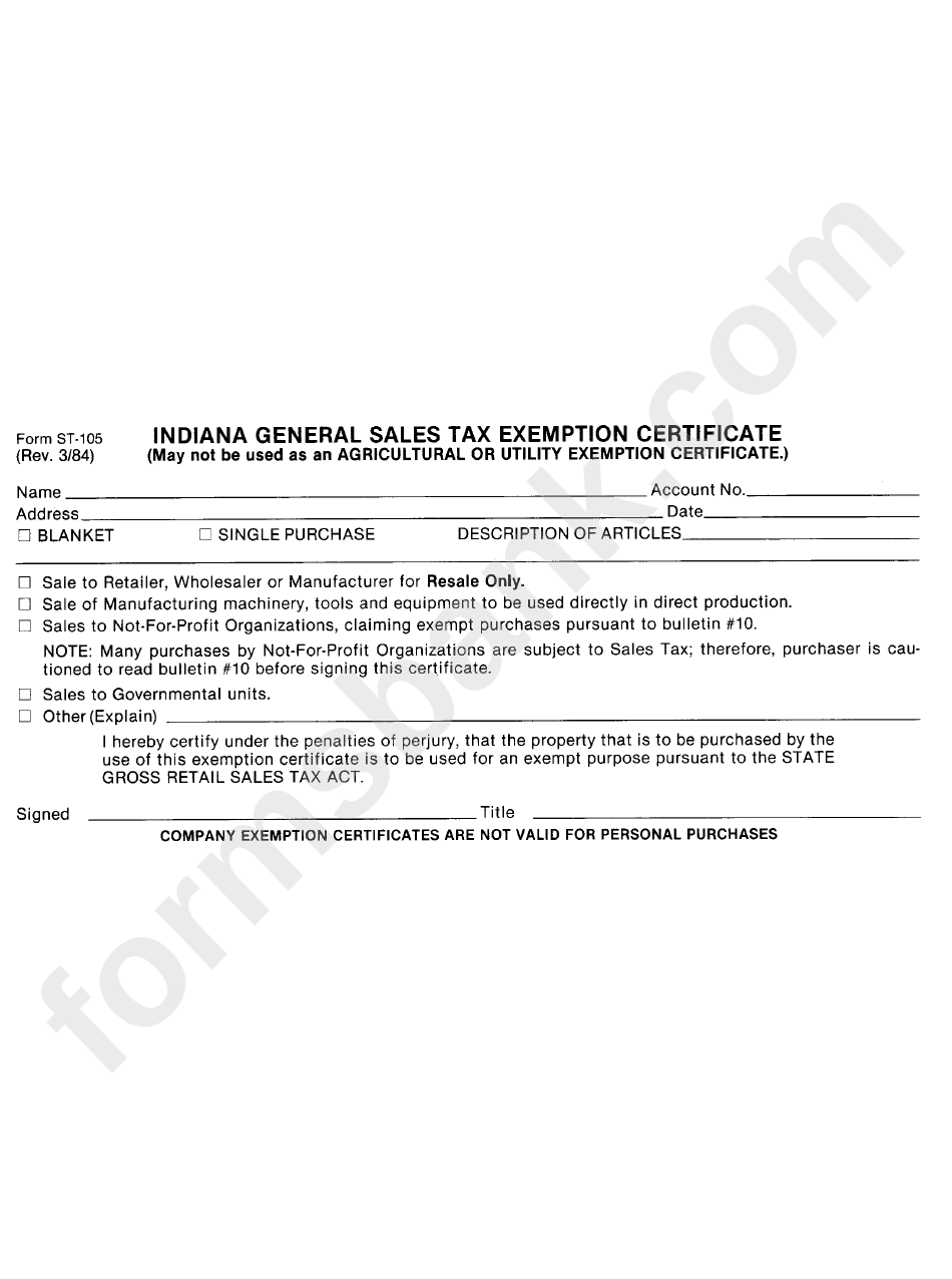 Fillable Form St 105 Indiana General Sales Tax Exemption Certificate Printable Pdf Download