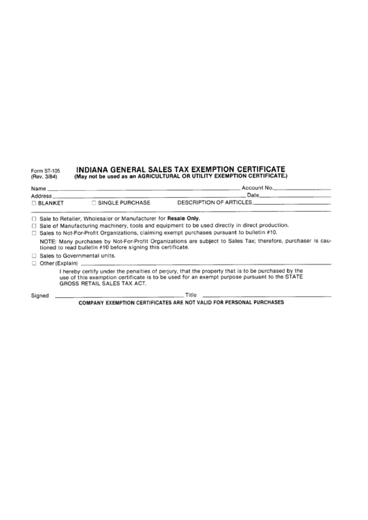 Fillable Form St-105 - Indiana General Sales Tax Exemption Certificate Printable pdf