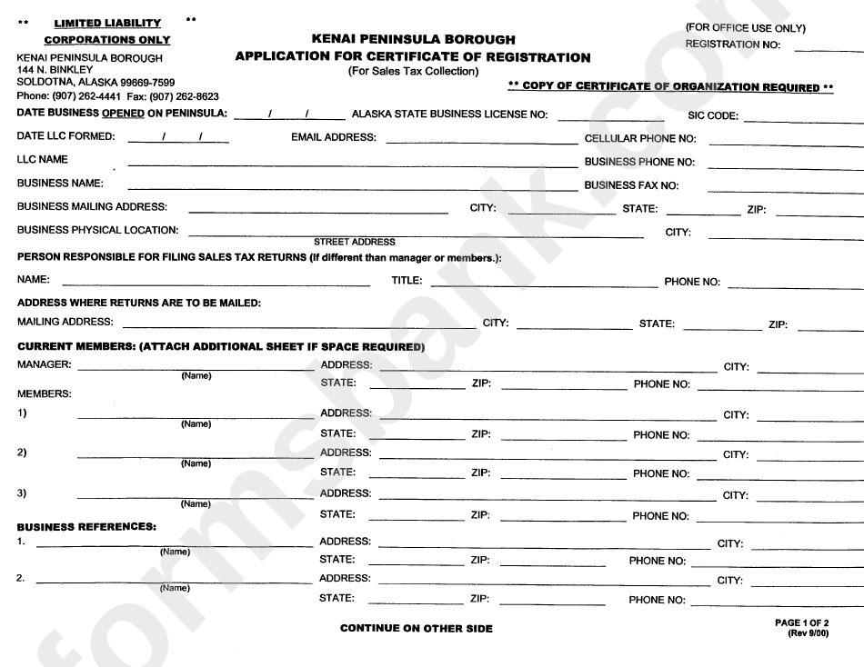 Application For Certificate Of Registration Form - 2000