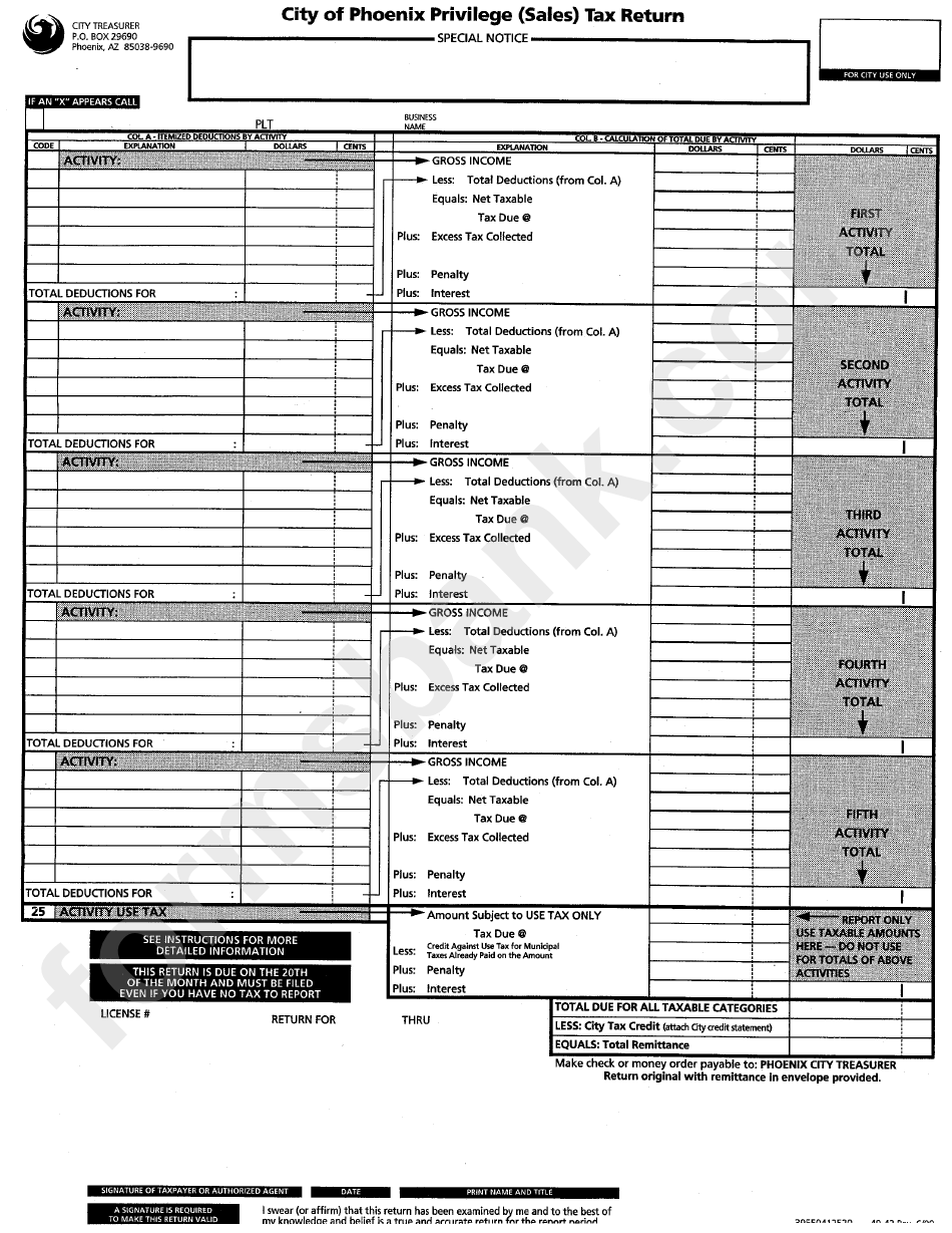 City Of Phoenix Privelege (Sales) Tax Return Form printable pdf download
