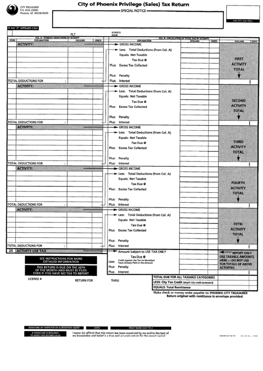 City Of Phoenix Privelege (Sales) Tax Return Form Printable pdf
