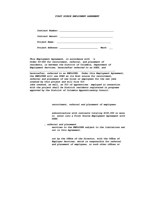First Source Employment Agreement Form - Department Of Employment Services Of Colombia Printable pdf