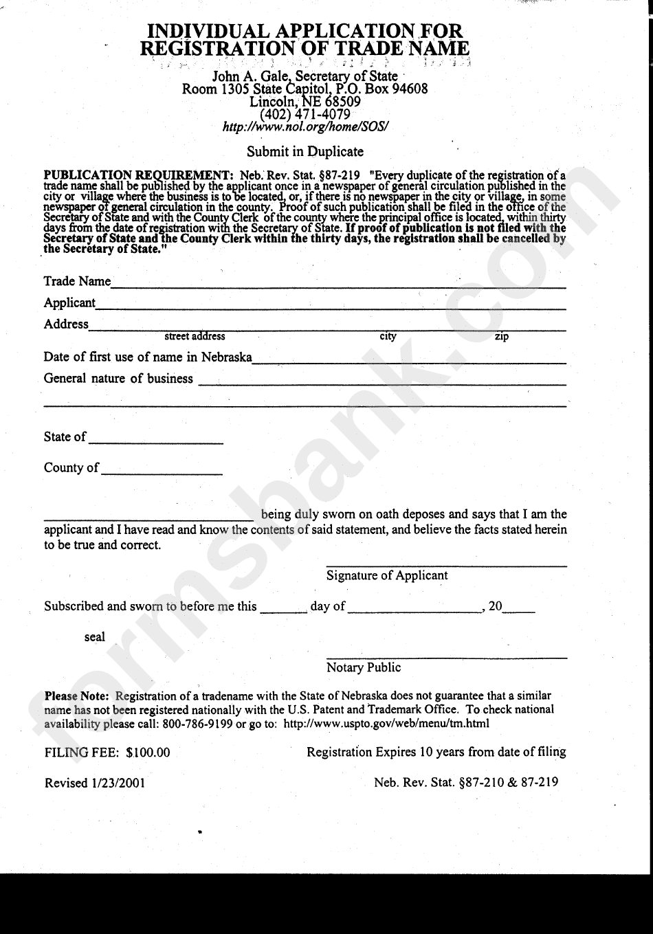 Individual Application For Registratiuon Of Trade Name Form