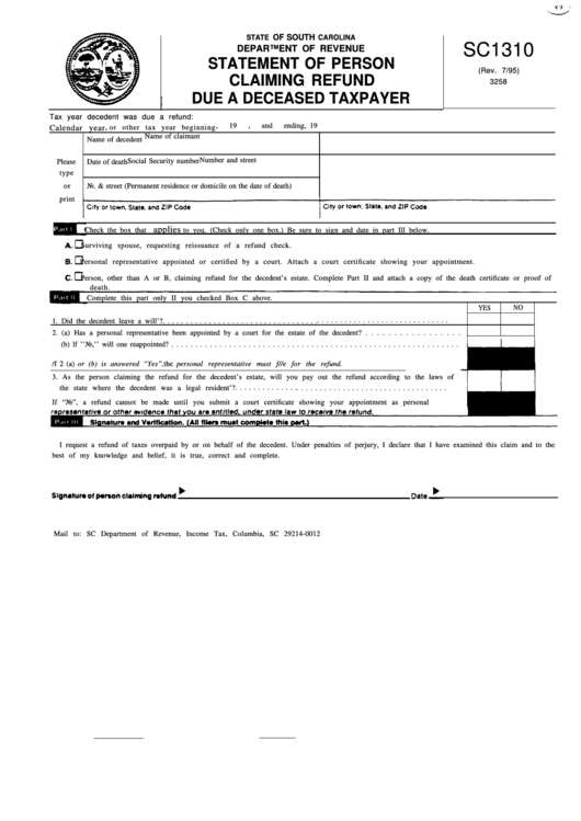 Fillable Form Sc1310 - Statement Of Person Claiming Refund Due A Deceased Taxpayer Printable pdf