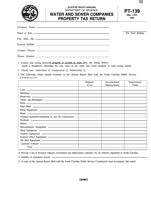 Fillable Form Pt-139 - Water And Sewer Companies Property Tax Return Printable pdf
