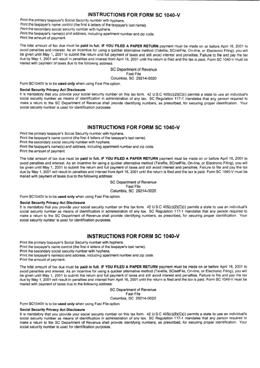 Instructions For Form Sc 1040-V Printable pdf