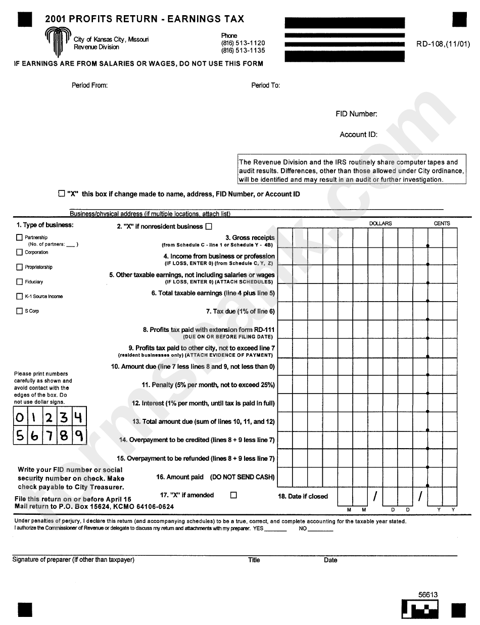 Profits Return Earning Tax Form - 2001