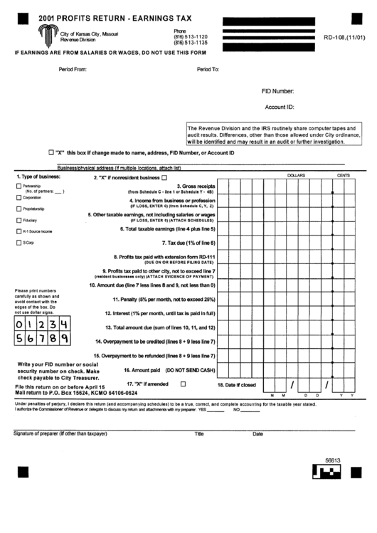 Profits Return Earning Tax Form - 2001 Printable pdf