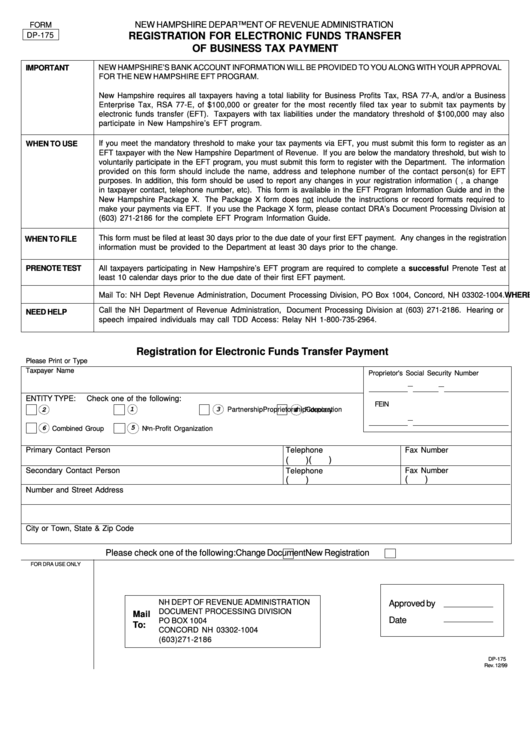 Form Dp-175 - Registration For Electronic Funds Transfer Of Business Tax Payment Printable pdf