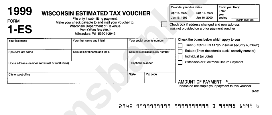 Form 1-Es-1999 - Wisconsin Estimated Tax Voucher