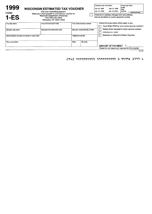 Fillable Form 1-Es-1999 - Wisconsin Estimated Tax Voucher Printable pdf
