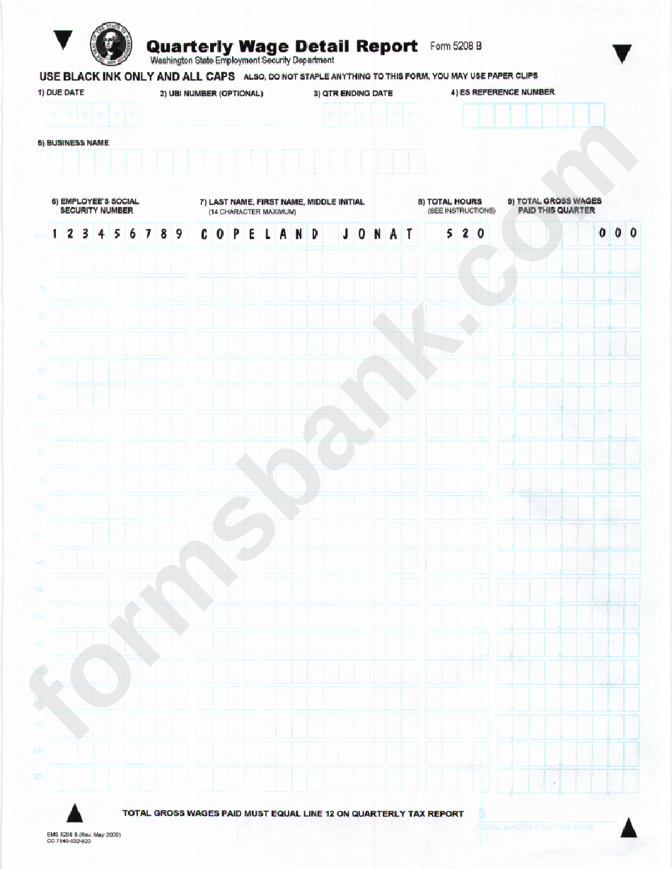 Form 5208 B - Quarterly Wage Detail Report - 2000
