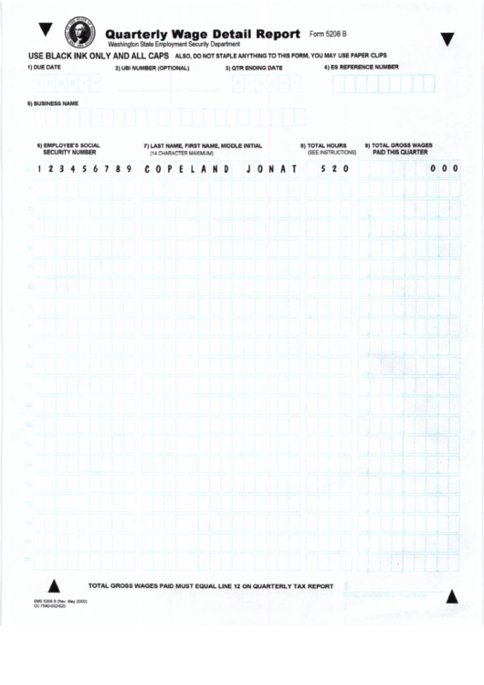 Form 5208 B - Quarterly Wage Detail Report - 2000 Printable pdf