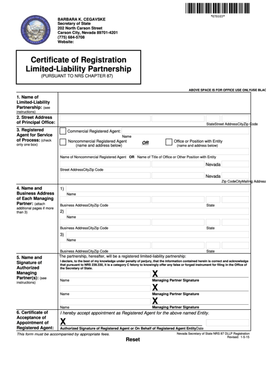 Fillable Certificate Of Registration Limited-Liability Partnership - Nevada Secretary Of State - 2015 Printable pdf