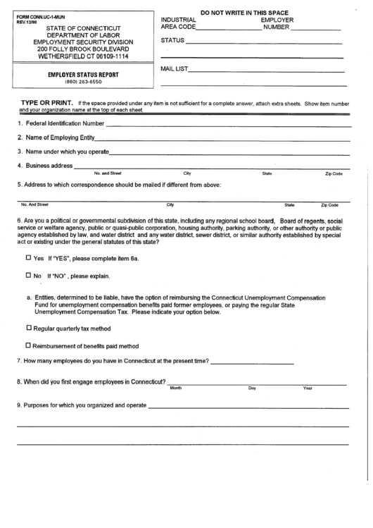 Form Conn.uc-1-Mun - Employer Status Report - 1998 Printable pdf