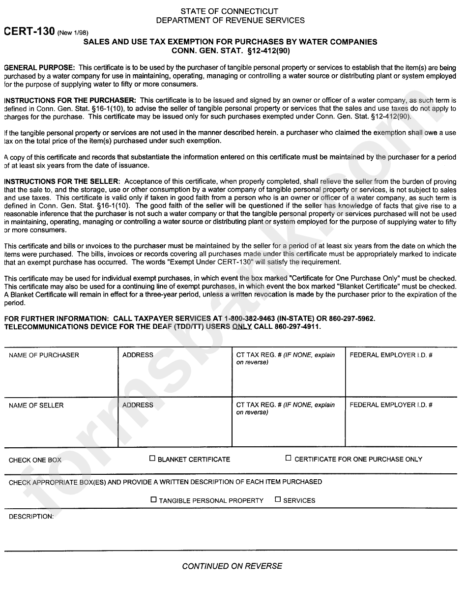 Form Cert - 130 - Sales And Use Tax Exemption For Purchases By Water Companies Conn. Gen. Stat. Form